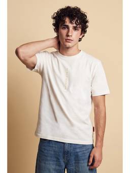 Simon Carter - Men Off White Back Gold Foil Print Crew Neck T-Shirt