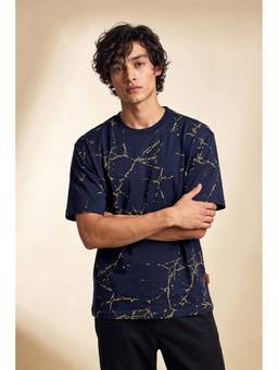 Simon Carter - Men Navy Blue Abstract Printed Crew Neck T-Shirt