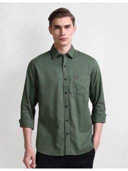 Arrow - Solid Plain Green Full Sleeves Collar Neck Shirt