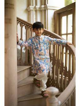 Funny Bones - Multi-Color Printed Linen Fit Kurta and Pyjama