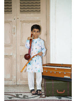 Funny Bones - Blue Printed Silk Fit Kurta and Pyjama