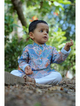 Funny Bones - Green Printed Linen Fit Kurta and Pyjama