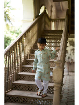 Funny Bones - Green Printed Linen Fit Kurta and Pyjama