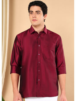 TATTVA - Men Maroon Toned Pure Silk Solid Opaque Shirt