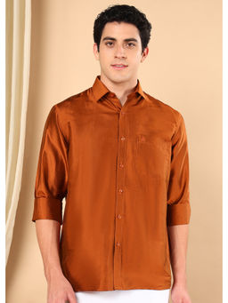 TATTVA - Men Copper Red Toned Pure Silk Solid Opaque Shirt