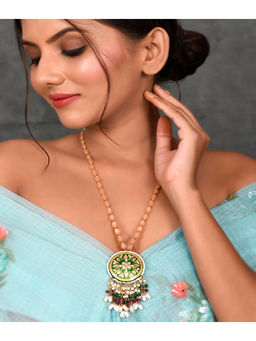 DASTOOR - Womens Gold Plated Peach and Green Designer Long Necklace