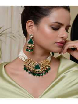 DASTOOR - Womens Gold Plated Green Designer Necklace set