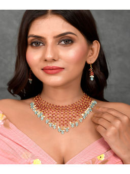 DASTOOR - Womens Gold Plated Pink and Green Designer Necklace set