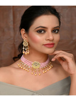 DASTOOR - Womens Gold Plated Pink Designer Choker set