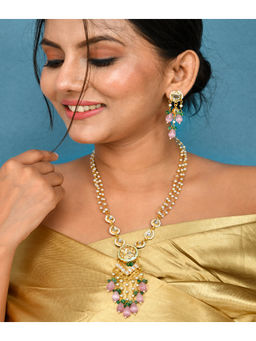 DASTOOR - Womens Gold Plated Pink Designer Long Necklace set