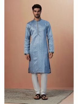 Manyavar - Satin Blue Printed Mandarin Collar Kurta with Pencil Pajama (Set of 2)