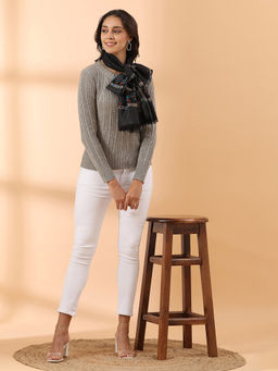 Shingora - Black Wool Blend Woven Design Fringed Women Stole