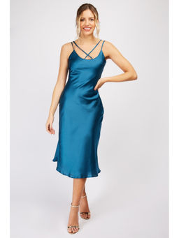 Trendyol - Petrol Blue Satin Midi Dress With Criss Cross Neckline