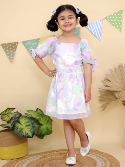Junitos - Girls Purple Pastel Floral Print Dress