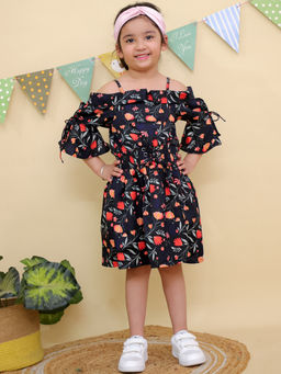 Junitos - Girls Black Floral Print Dress