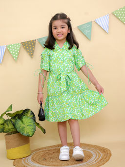 Junitos - Girls Green Floral Print Tiered Design Dress