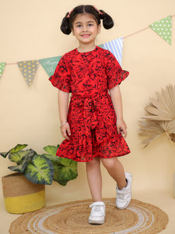 Junitos - Girls Red Floral Print Dress