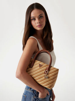 Guess - Natural Self-Design Simona Satchel Bag with Detachable Strap