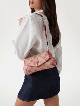 Guess - Coral Red Logo Printed Beyza Flap Handbag