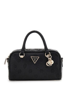 Guess - Black Textured Cresidia Satchel Bag with Detachable Strap