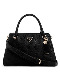 Guess - Black Textured Cresidia Luxury Satchel Bag with Detachable Strap