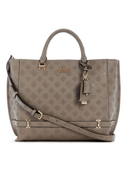 Guess - Dark Taupe Logo Textured Zarela Girlfriend Tote Bag with Detachable Strap