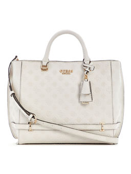 Guess - Off White Logo Textured Zarela Girlfriend Tote Bag with Detachable Strap