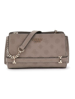 Guess - Dark Taupe Logo Textured Zarela Top Zip Sling Bag with Detachable Strap