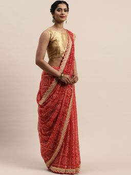 Vastranand - Maroon & Beige Printed Bandhani Saree with Unstitched Blouse