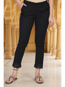 Elleven - Womens Black Solid Lace Trim Tapered Cotton Pant