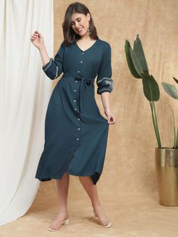 Globus - Women Navy Blue V-Neck Detail Waist Tie-Ups Midi Dress with Belt