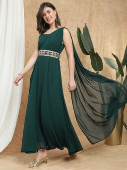 Globus - Women Dark Green Strappy Shoulder Maxi Dress with Embroidered Belt