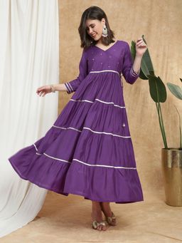 Globus - Women Purple V-Neck Gotta Lace Tie-Ups Midi Dress