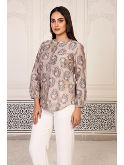 Folksong - Womens Beige Floral Printed Straight Cotton Top