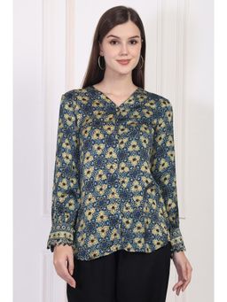 Folksong - Womens Blue Abstract Printed Straight Modal Top