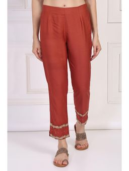 Folksong - Womens Rust Embroidered Silk Slim Pant