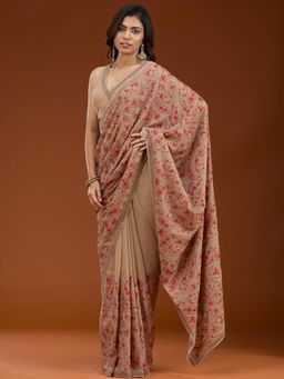 Koskii - Beige Kashmiri Georgette Saree with Unstiched Blouse