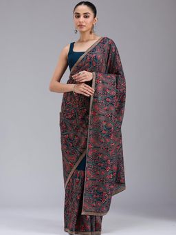 Koskii - Peacock Blue Kashmiri Georgette Saree with Unstiched Blouse