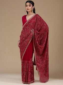 Koskii - Red Kashmiri Georgette Saree with Unstiched Blouse