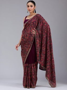 Koskii - Wine Kashmiri Georgette Saree with Unstiched Blouse
