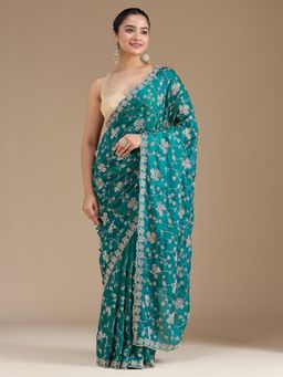 Koskii - Women Threadwork Tissue Saree With Unstitched Blouse