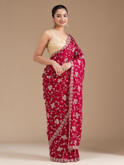 Koskii - Women Threadwork Tissue Saree With Unstitched Blouse