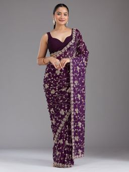Koskii - Women Threadwork Tissue Saree With Unstitched Blouse