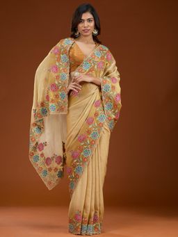 Koskii - Women Threadwork Tissue Saree With Unstitched Blouse