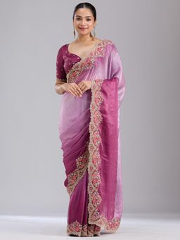 Koskii - Women Threadwork Tissue Saree With Unstitched Blouse