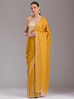 Koskii - Women Stonework (Gold) Chiffon Saree With Unstitched Blouse
