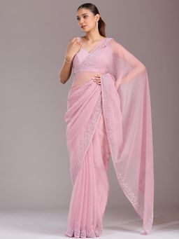 Koskii - Women Stonework (Silver) Chiffon Saree With Unstitched Blouse