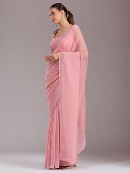 Koskii - Women Stonework (Silver) Chiffon Saree With Unstitched Blouse