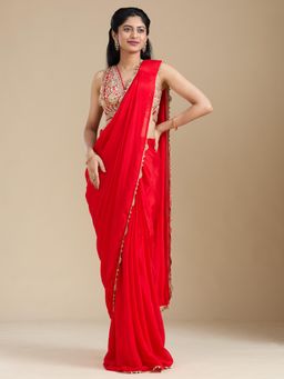 Koskii - Red Cutdana Satin Saree with Unstiched Blouse