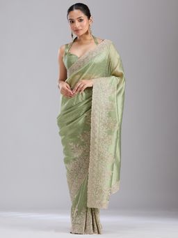 Koskii - Women Cording Tissue Saree With Unstitched Blouse